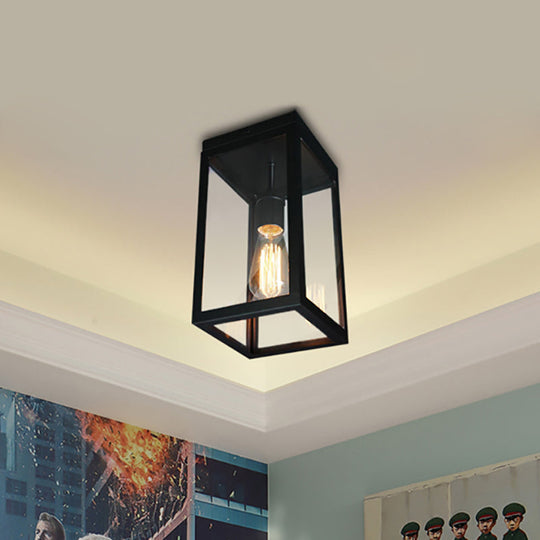 Rectangular Shade Clear Glass Ceiling Light Fixture - 1 Traditional Flush Mount In Black For Living