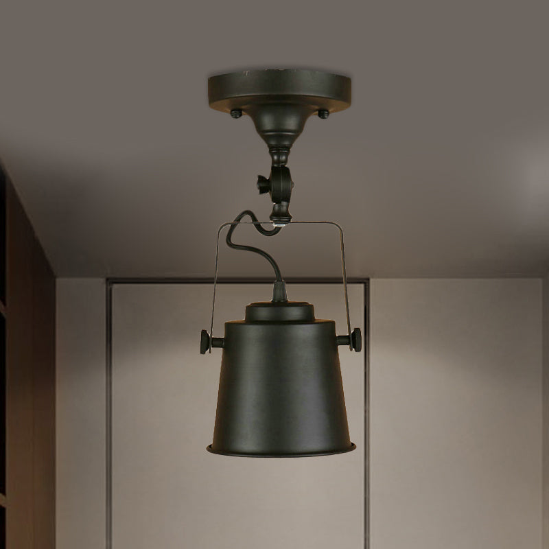 Antique Metal Bucket Shade Ceiling Lamp - Rotatable Semi Flush Pendant Light For Living Rooms 1