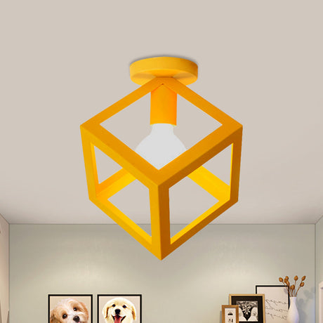 Modern 1-Light Square Ceiling Mounted Light With Wire Guard - Loft Style Semi-Flush Lighting For