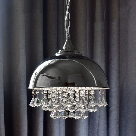 Industrial Dome Pendant Light: Black/Chrome Metal Hanging Fixture With Crystal Bead Chrome