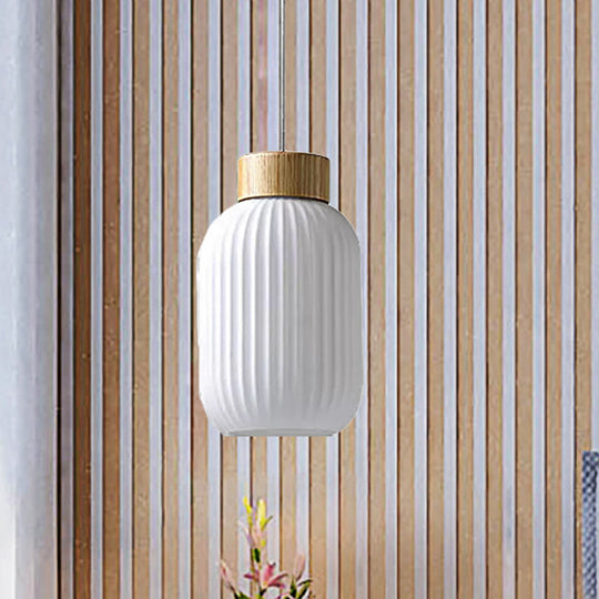Modern Milk Glass Ribbed Cylinder Pendant Light - 5.5’/8’/12’ 1 White Ceiling Fixture For