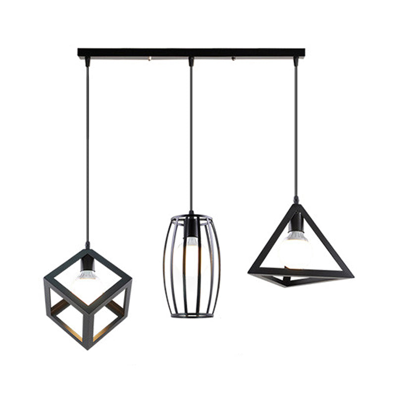 3-Head Pendant Lighting In Black Metal With Retro Stylish Cage Shades For Kitchen Round/Linear