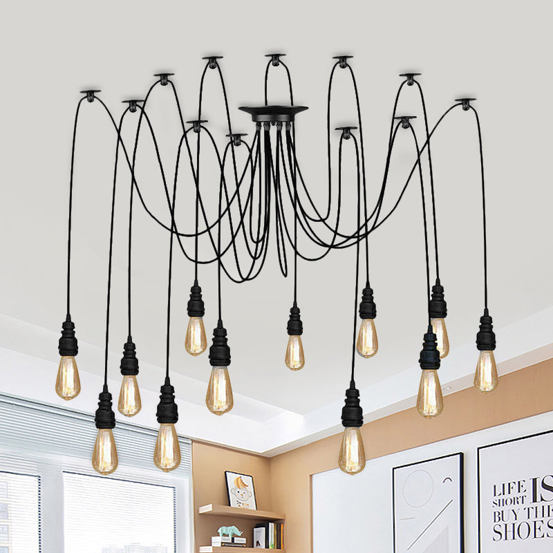 Industrial Swag Hanging Lamp With Exposed Bulb - Black Metal Pendant Light (2/3 Heads)