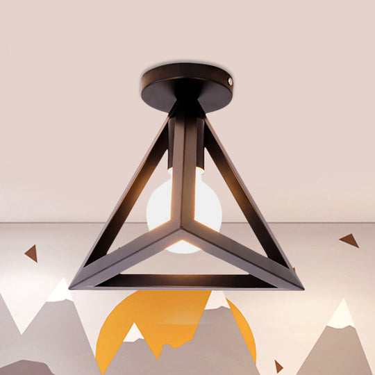Retro Industrial Wire Cage Ceiling Light With Triangle Shade - 1 Head Metal Lamp In