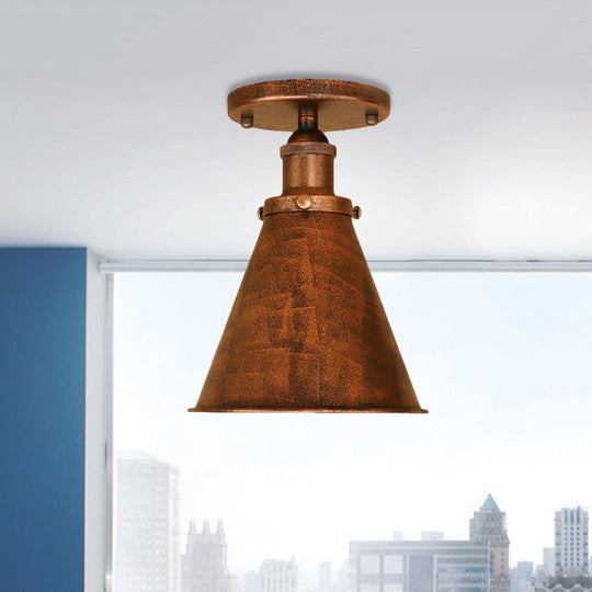 Metallic Vintage Style Rust/Copper Semi Flush Light Fixture - 1 Tapered Indoor Design