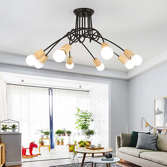 Loft Style Metal Ceiling Light With Open Bulb & Twisted Arm – 3/5 Lights Wood Accent Perfect For