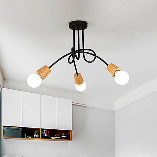 Loft Style Metal Ceiling Light With Open Bulb & Twisted Arm – 3/5 Lights Wood Accent Perfect For