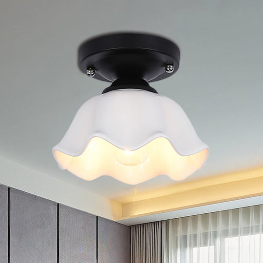 Milky Glass Industrial Living Room Light Fixture - Scalloped Semi Flush Black Finish +