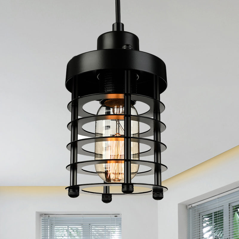 Industrial Pendant Light With Metallic Cage Shade - Matte Black/Rust Ideal For Table Lighting