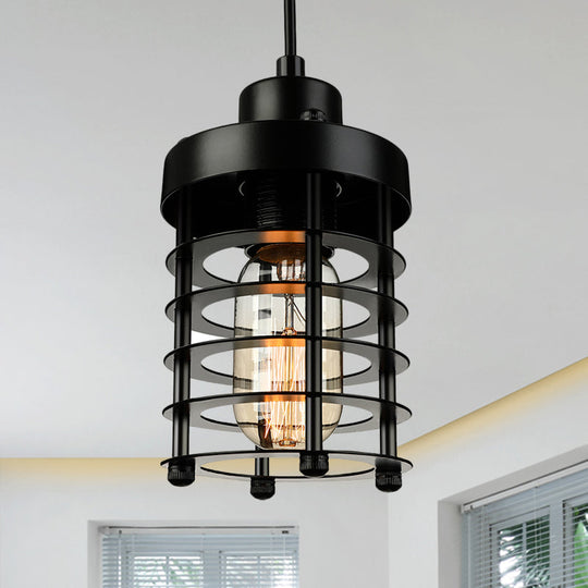 Industrial Pendant Light With Metallic Cage Shade - Matte Black/Rust Ideal For Table Lighting