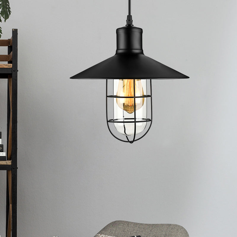 Nautical-Style Wire Guard Pendant Lighting: 10.5’/11’/14.5’ Wide Black Cone Metal Ceiling
