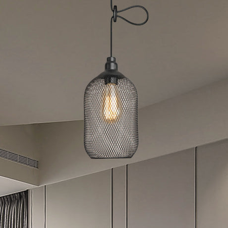 Industrial Wire Mesh Metal Pendant Light - Adjustable Height Black Finish