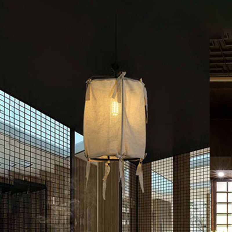 Modern Fabric Shade Lantern Pendant Lighting - 12/14/16 Wide 1-Light White Hanging Lamp For