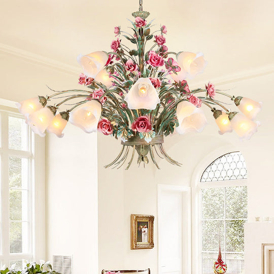 Country Style Metal Chandelier With Curving Arm - 16-Bulb Led Flower Pendant Light Green Ideal For