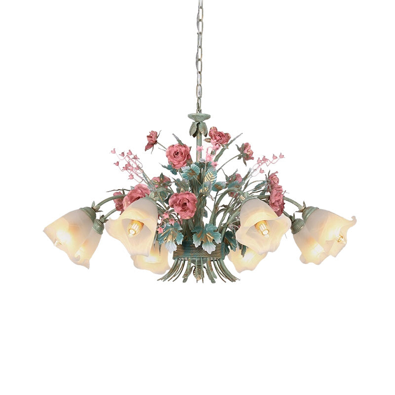 Green Metal Chandelier Light Fixture - Countryside Rose Down Lighting For Living Room (5/8 Bulbs)