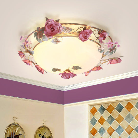 Rustic Metal Bowl Ceiling Lamp With Flower Decor - Flush Mount Light Fixture For Dining Room White