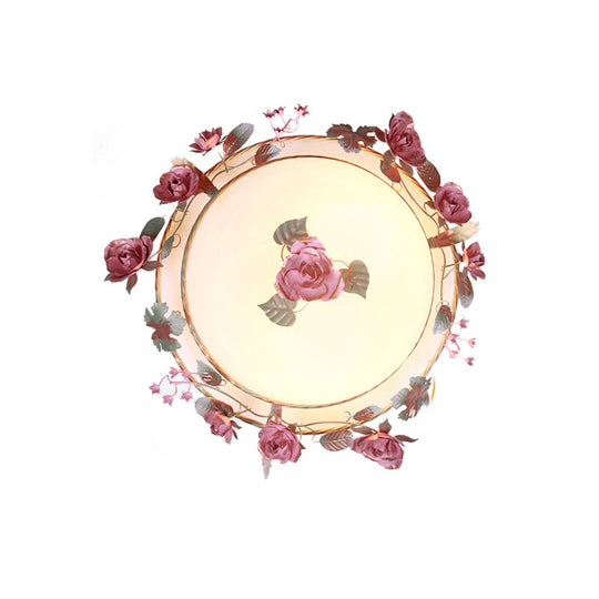 Rustic Metal Bowl Ceiling Lamp With Flower Decor - Flush Mount Light Fixture For Dining Room White