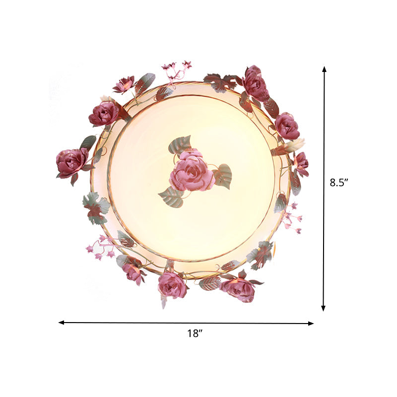 Rustic Metal Bowl Ceiling Lamp With Flower Decor - Flush Mount Light Fixture For Dining Room White