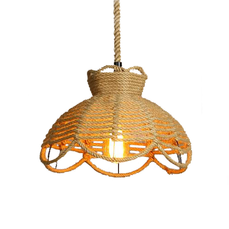 Farmhouse Rope Hanging Ceiling Lamp With Flower Basket Design - Beige