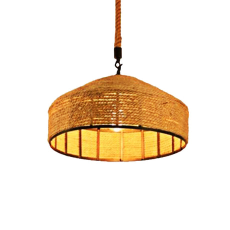 Beige 1-Head Pendant Light Fixture With Antiqued Rope Mongolian Yurts Shape Hand Woven Design -