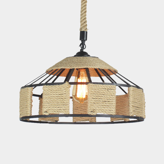 Farmhouse Pendant Ceiling Lamp - Beige Rope Hanging Light Kit For Mongolian Yurts With Knots Cord