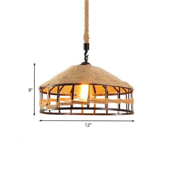 Mongolian Yurts Vintage Rope Pendant Light Fixture - Beige With Wire Cage (12/16/19.5 W)