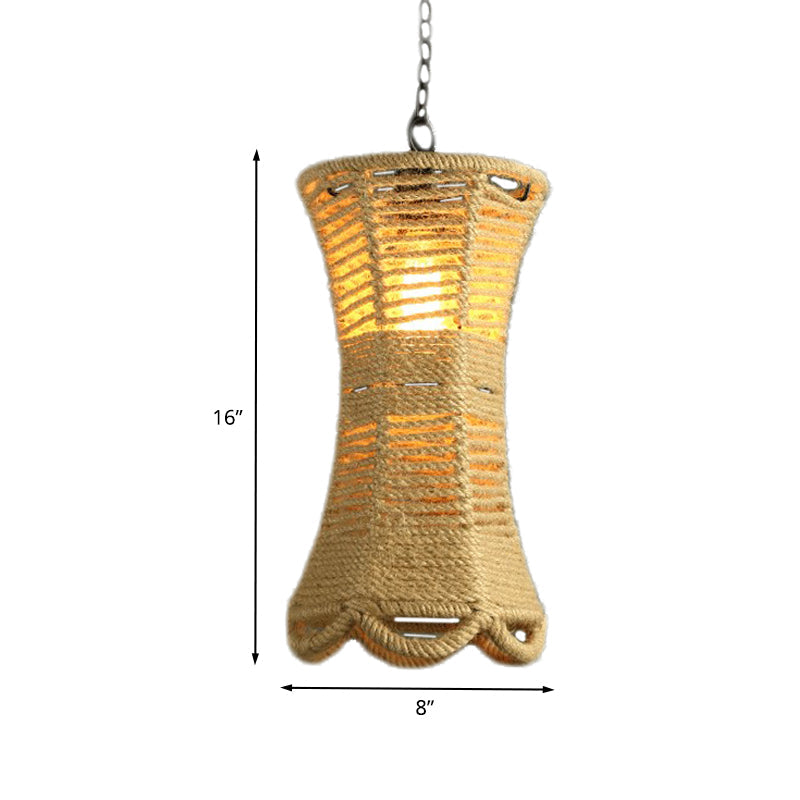Vintage Beige Radian Pendant Lamp: Hand-Woven 1-Head Restaurant Hanging Light Fixture With Rope