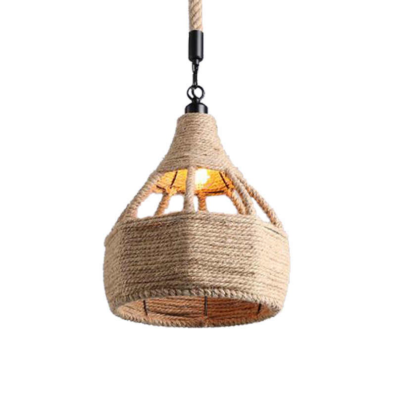 Beige Farmhouse Ceiling Light With Rope Detail - 1-Bulb Pendant Lamp For Coffee Shops 8’ Or 15’ Wide