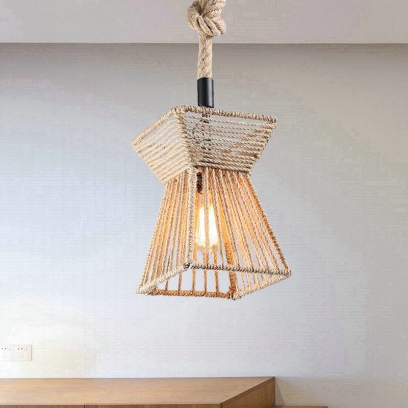 Beige Farmhouse Ceiling Light With Rope Detail - 1-Bulb Pendant Lamp For Coffee Shops 8’ Or 15’