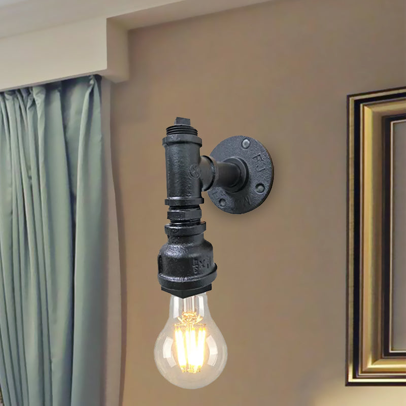 Iron Wall Sconce Lighting - Industrial Black/Aged Silver Indoor Mounted Lamp With Water Pipe 1 Light