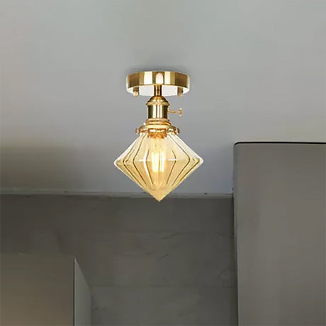 Industrially Styled Gem Shade Semi Flush Light For Living Rooms With Prismatic Glass And Clear/Amber