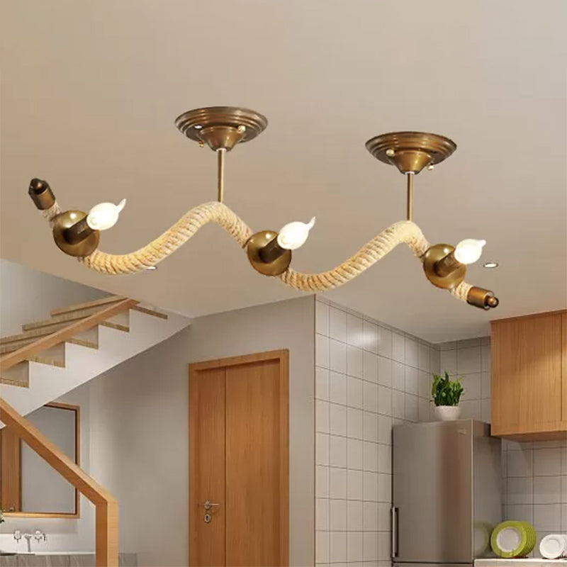 3 - Head Wavy Rope Semi - Mount Ceiling Light Fixture - Vintage Brass Finish With Metallic Shine