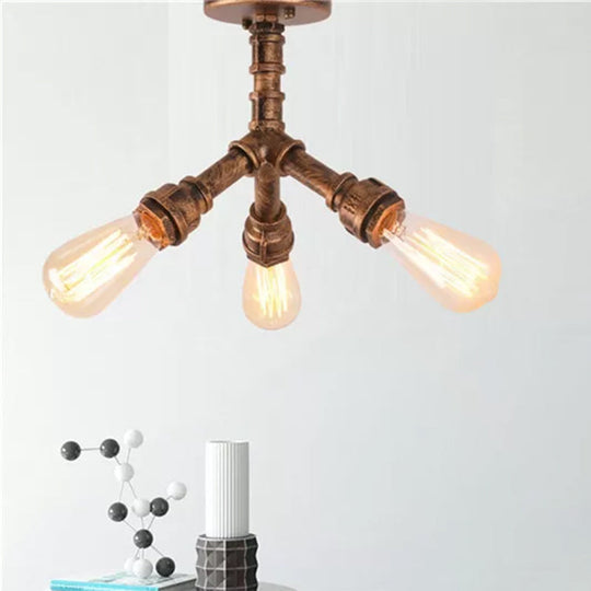 Steampunk 3 - Light Semi Flush Ceiling Fixture With Metallic Pipe Shade In Aged Bronze For Living