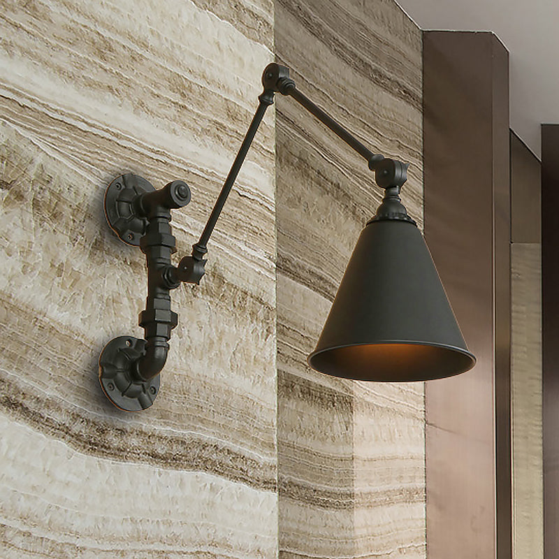 Industrial Black Metal Wall Mount Swing Arm Sconce With Cone Shade - Stylish Lighting Fixture