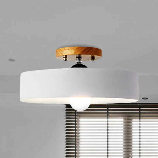 Modern Semi-Mount Drum Light: 1-Light 12’ W Metal Fixture In Gray/White/Red/Pink For Living Room