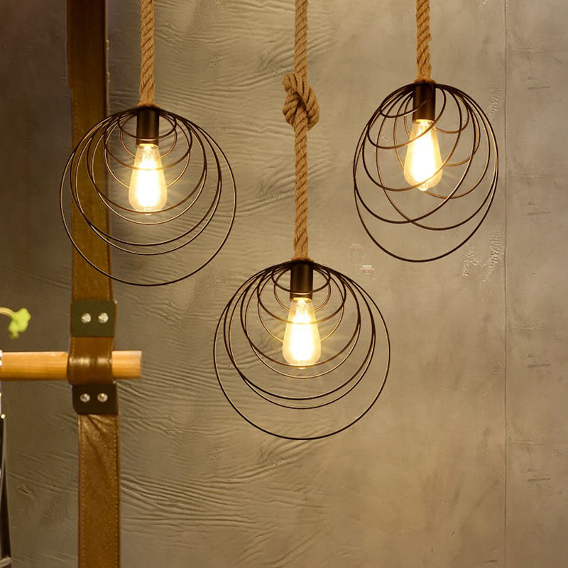 Black Metal Cage Pendant Light With Industrial Design For Restaurant Suspended By Rope Cord