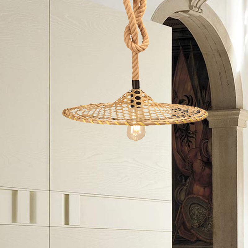 Bamboo Hat Pendant Ceiling Light With Countryside Beige Rope - Knots Design