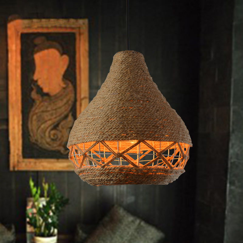 Rustic Beige Teardrop Rope Pendant Lamp - 1-Bulb Ceiling Hanging Light For Restaurants
