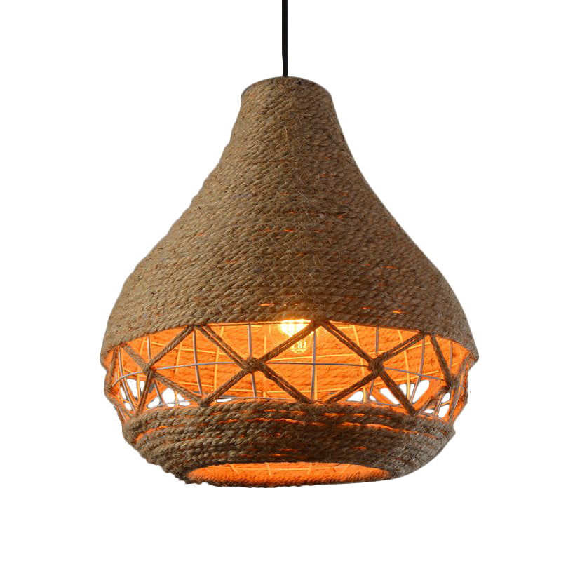 Rustic Beige Teardrop Rope Pendant Lamp - 1-Bulb Ceiling Hanging Light For Restaurants