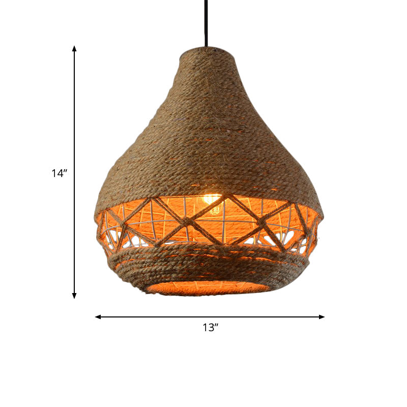 Rustic Beige Teardrop Rope Pendant Lamp - 1-Bulb Ceiling Hanging Light For Restaurants