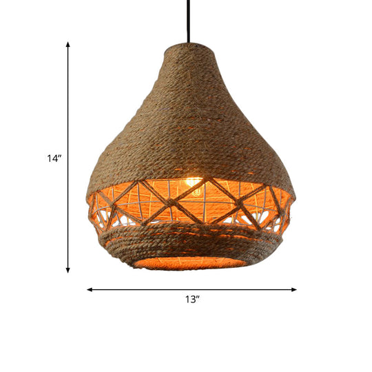 Rustic Beige Teardrop Rope Pendant Lamp - 1-Bulb Ceiling Hanging Light For Restaurants