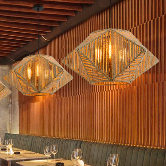 Stereoscopic Star Pendant Lamp - Farmhouse 1-Light Hanging Rope Kit Hand-Woven Design In Beige