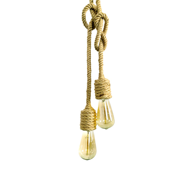 Vintage Beige Rope Pendant Lamp With Exposed Bulbs - 2-Light Cluster For Living Room