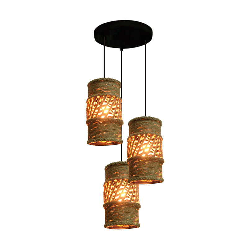 Rustic 3-Head Pendant Ceiling Light With Beige Rope Shades - Farmhouse Restaurant Cluster Lamp