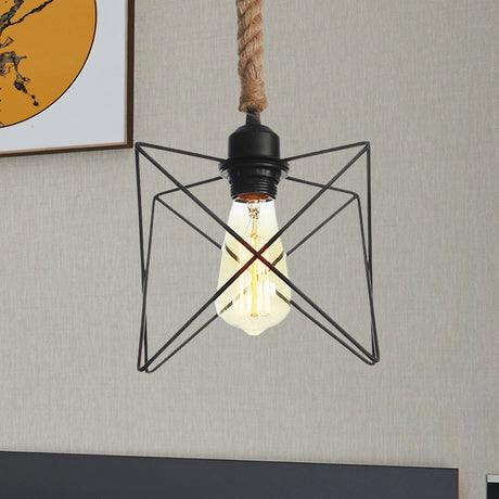 Vintage Metallic Hanging Cage Pendant Light With Rope Cord For Dining Room Black / A