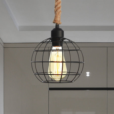 Vintage Metallic Hanging Cage Pendant Light With Rope Cord For Dining Room