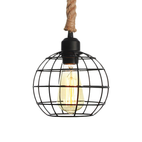 Vintage Metallic Hanging Cage Pendant Light With Rope Cord For Dining Room