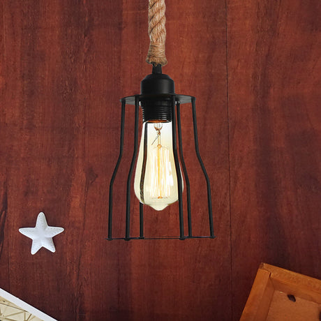 Vintage Metallic Hanging Cage Pendant Light With Rope Cord For Dining Room