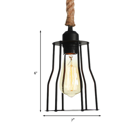 Vintage Metallic Hanging Cage Pendant Light With Rope Cord For Dining Room