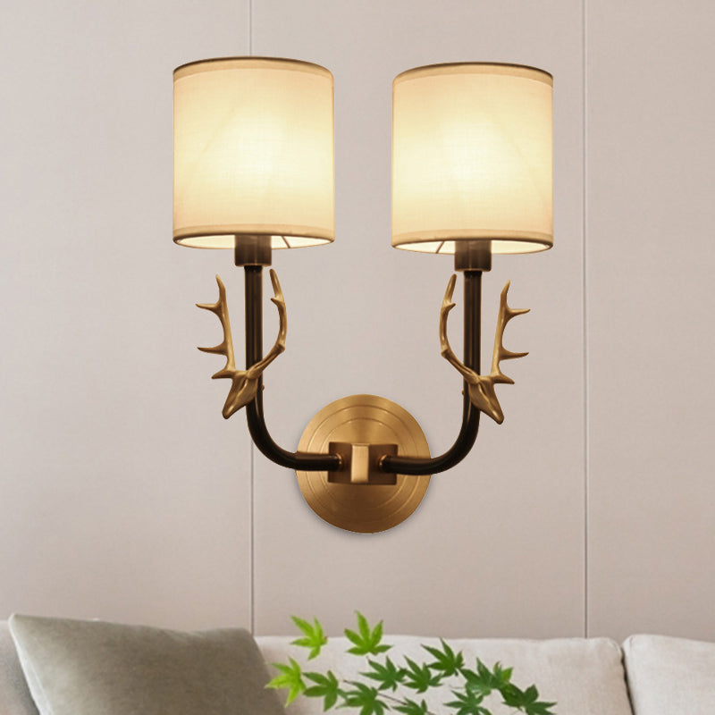 Modern 1/2 Lights Wall Sconce With Fabric Shade - Black/Gold Cylinder Mount Fixture Featuring Metal